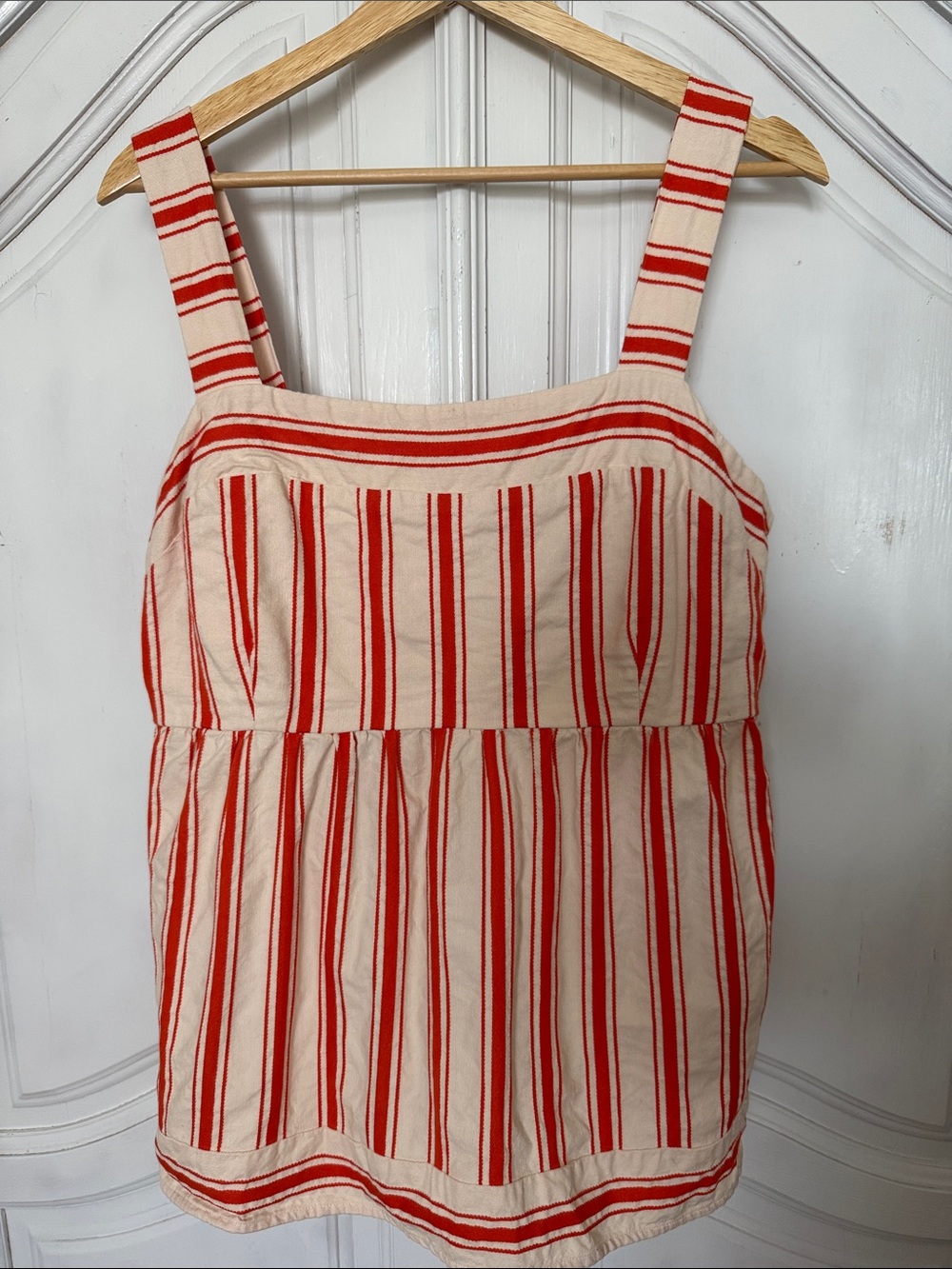 Cabi Women’s Striped Babydoll Tank Top, Orange Cream Cotton Linen Cottage Size L